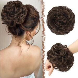 Messy Bun Hair Piece – Large Curly Wavy Elastic Scrunchie, Medium Chestnut Brown